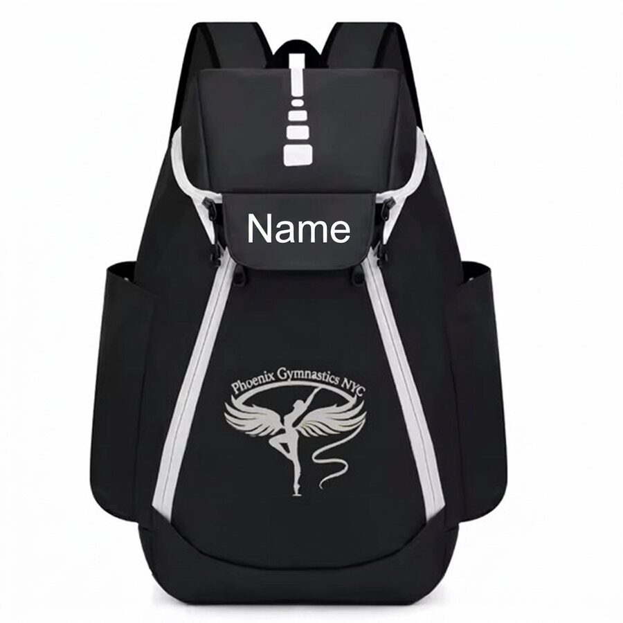 Black team backpack with white trim, the Phoenix Gymnastics NYC logo and a name panel on the front pocket