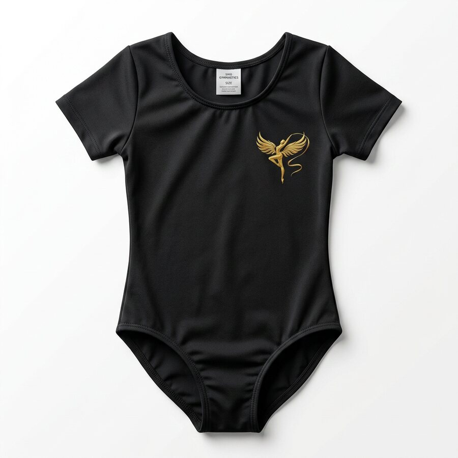 Black short sleeve training leotard with the gold Phoenix logo on the chest