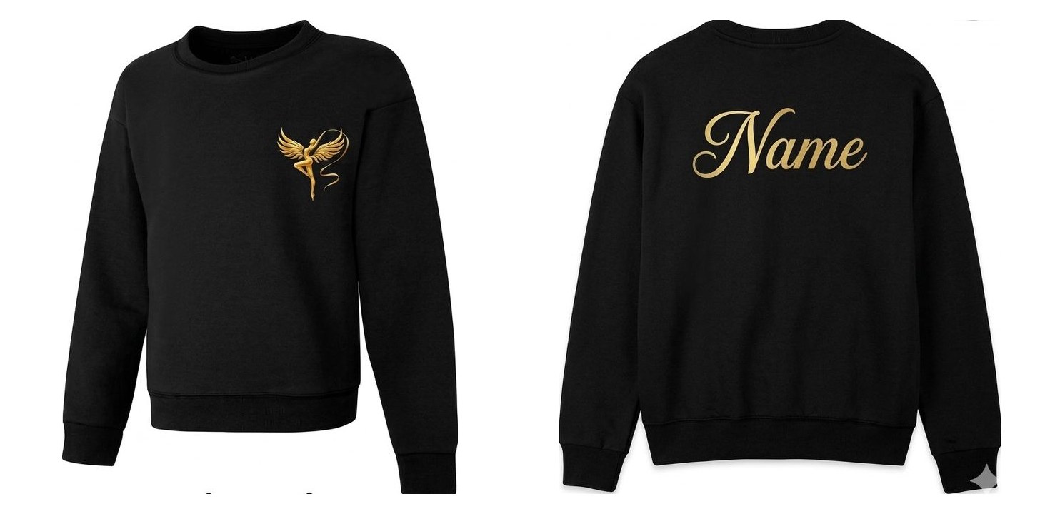 Black team sweatshirt with the gold Phoenix logo on the chest and the gymnast's name on the back